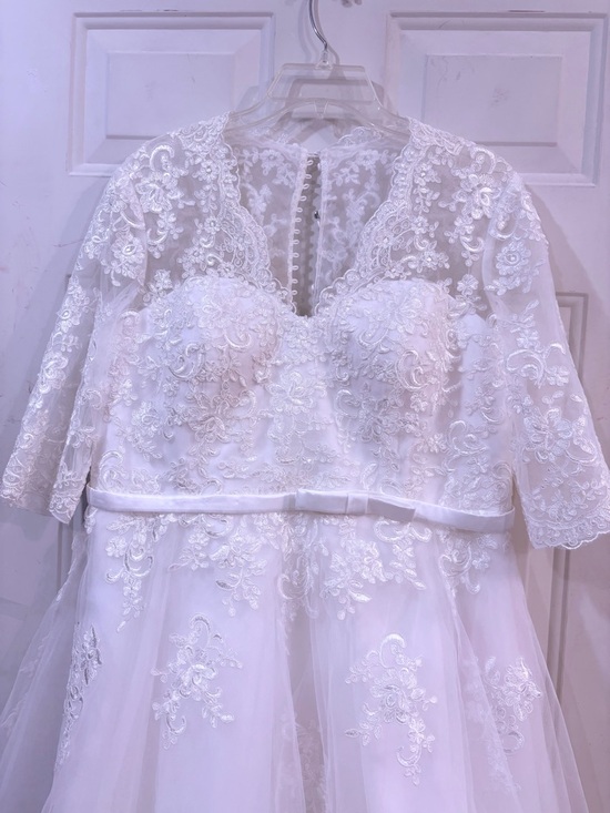 JJs House White Lace A-Line Wedding Dress with Illusion Sleeves - Picture 2 of 11